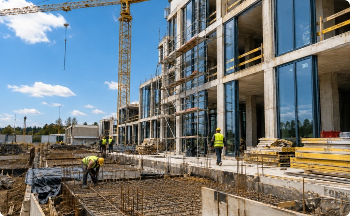 Bokštinis kranas virš statomo betoninio karkaso