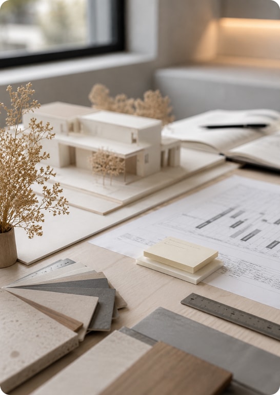 Architektūrinis maketas su medžiagų pavyzdžiais